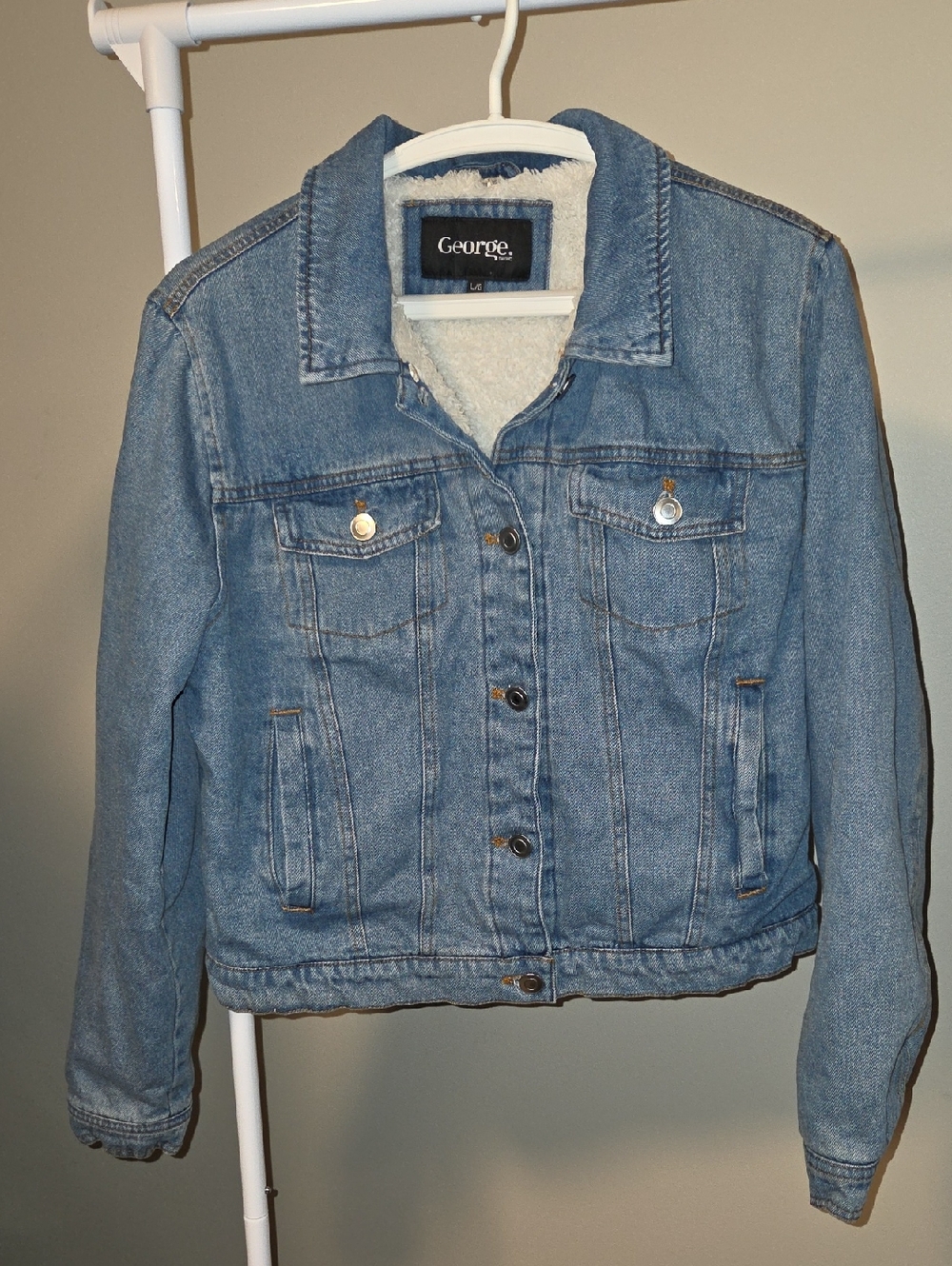 George Light Blue Denim Jacket with White Sherpa Lining Size L